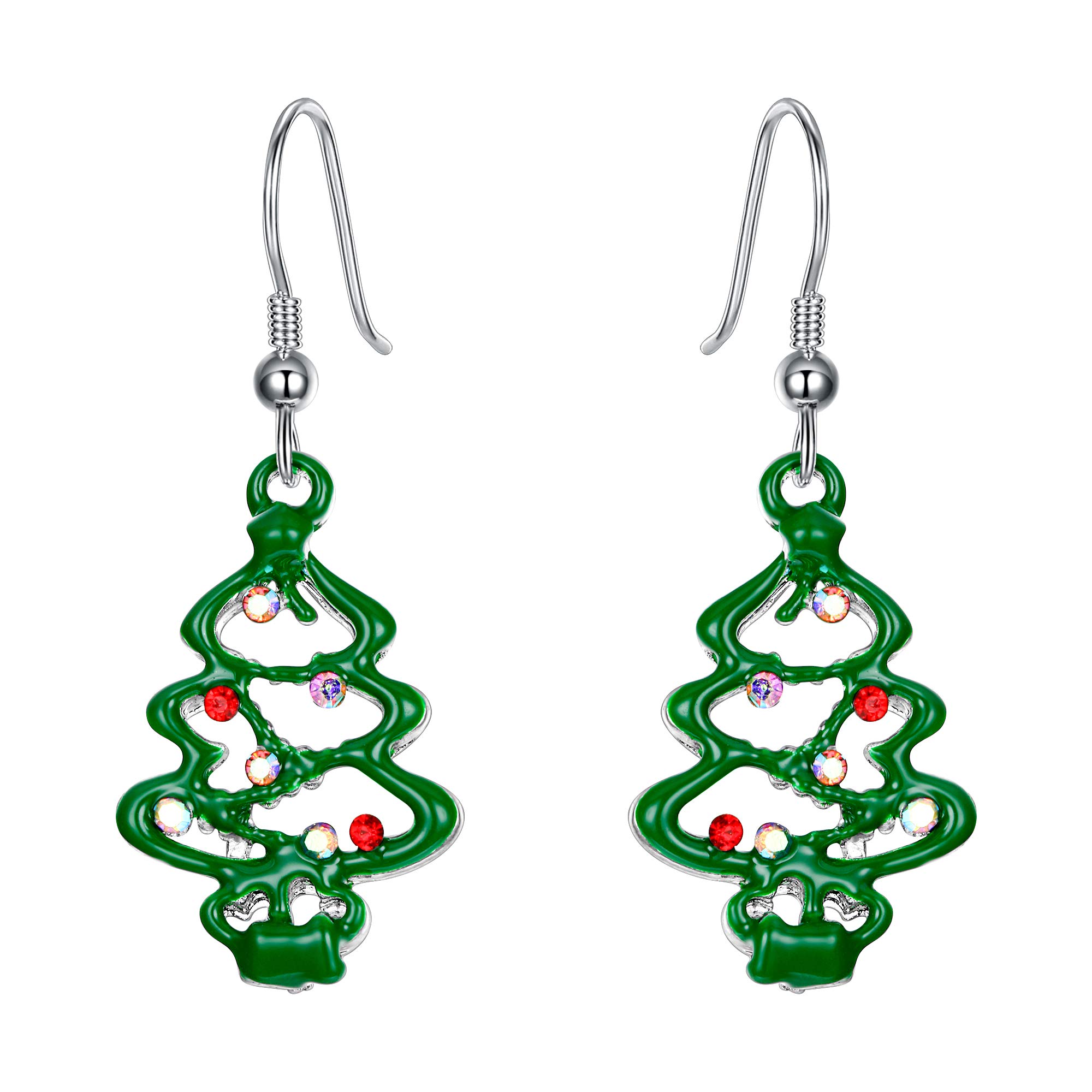EVER FAITH Austrian Crystal Green Enamel Lovely Wishing Tree Dangle Earring Silver-Tone