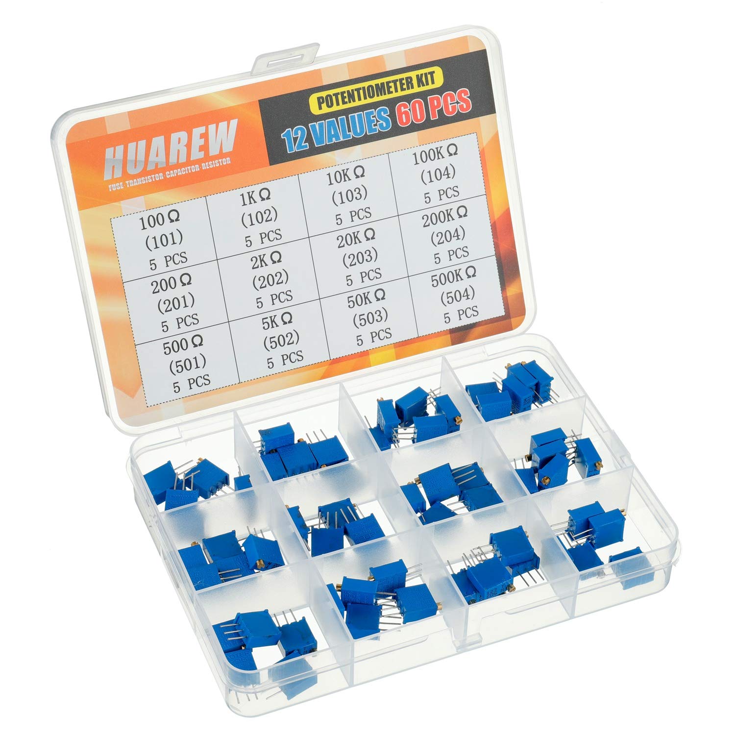 HUAREW 12 Values 60 Pcs 3296W Multiturn Trimmer Potentiometer 100-500 K Ohm Blue 3296 Top Adjustment Variable Resistor Assortment Kit - Image 3