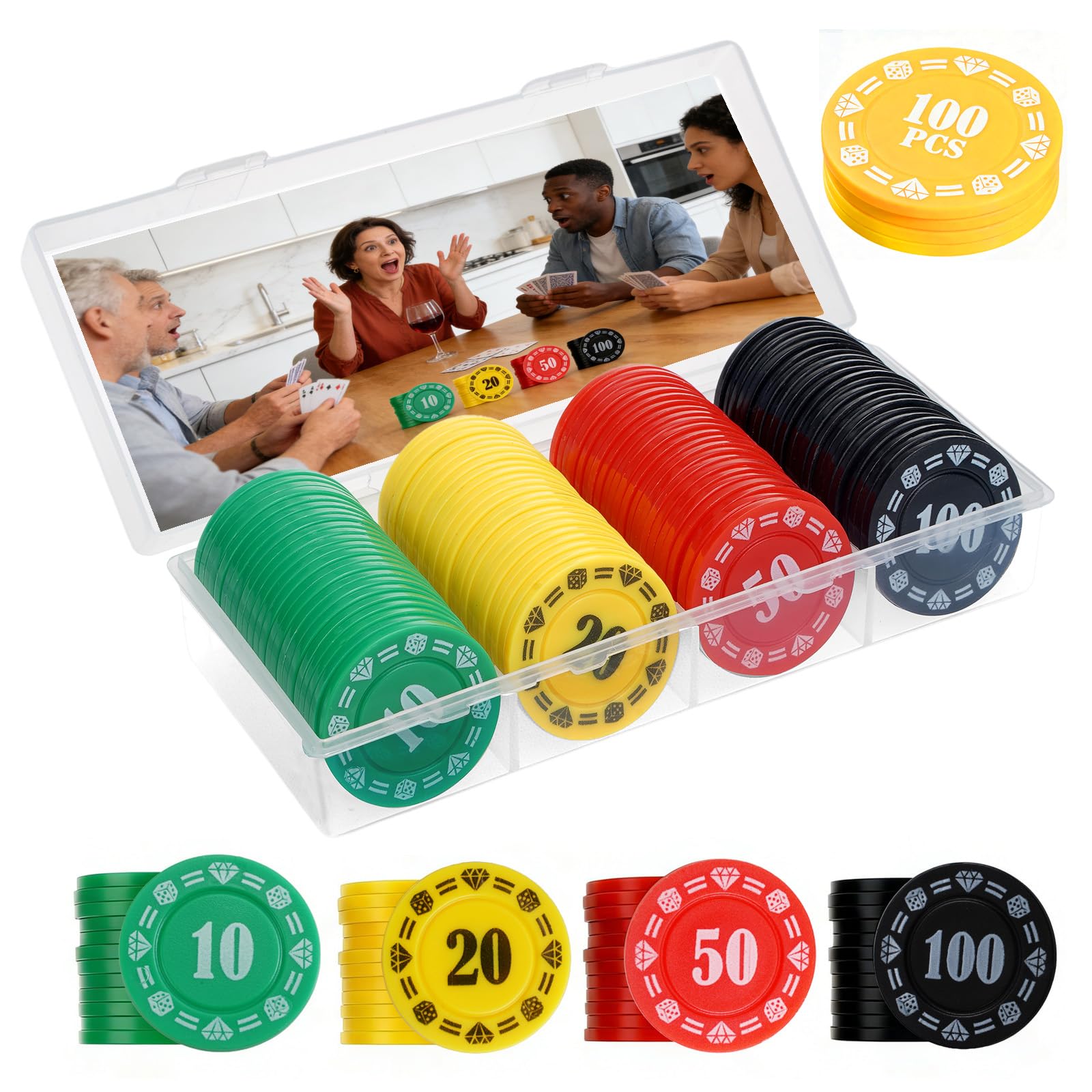 Plastic Poker Chips Set with Storage Box,Denomination Printed Casino Style Chip for Texas Home Game Nights,Holdem Poker Nights,Blackjack or Roulette Games,Casino Parties (100, Value 10-20-50-100)