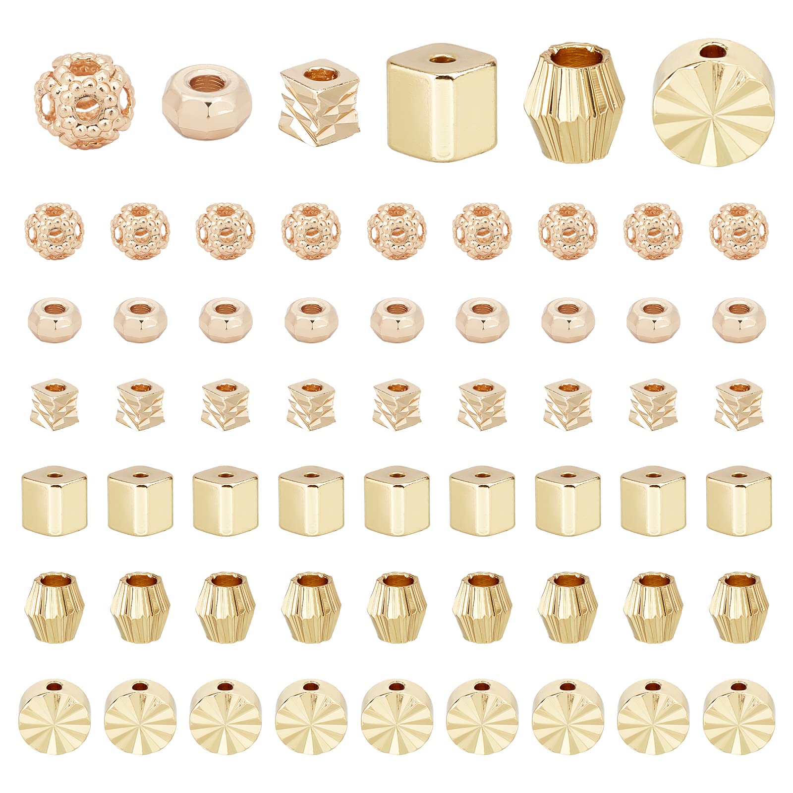 PH PandaHall 6 Styles Spacer Beads, 60pcs 14K Gold Plated Brass Flat Round Cube Bicone Faceted Spacers Metal Loose Beads for Handmade Jewellery Making DIY Beading Crafts