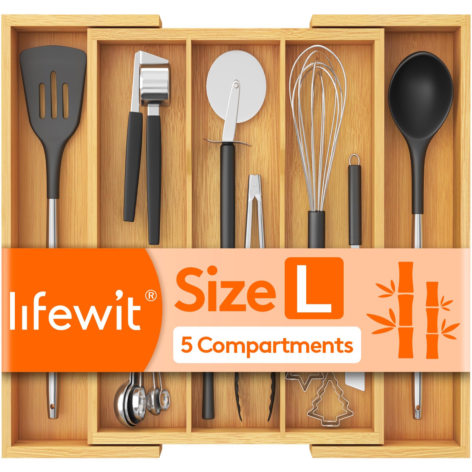 Lifewit Utensil Drawer Organiser, Extendable Cutlery Tray for Kitchen, Silverware Flatware Holder, Wood Adjustable Kitchen Spatula Tools and Gadgets Storage Divider, 33-57x38cm, Natural