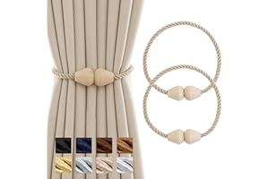 Contoeey Curtain Tiebacks Wooden Magnetic Curtain Tie Backs Boho 2 Pack Rope Curtain Holders for Drapes Handmade Window Curtain Holdbacks, Beige