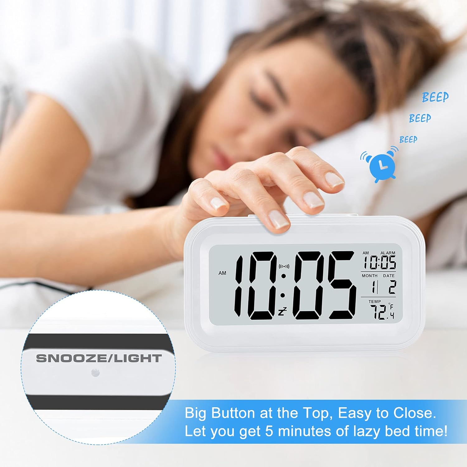 SZELAM Battery Digital Alarm Clock,LCD Clock Electronic for Bedroom Home Office ,with Date,Indoor Temperature,Snooze Light,Small-Sized,Backlight-White: Kitchen & Dining