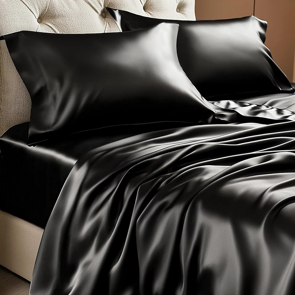 BEDELITE Satin Sheets Bed Set, Luxury Soft Black Silky Sheets for Hair and Skin, Similar to Silk Black Queen