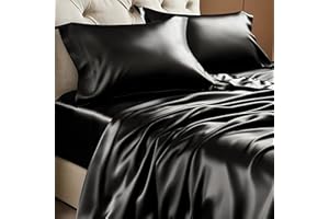 BEDELITE Satin Sheets Bed Set, Luxury Soft Black Silky Sheets for Hair and Skin, Similar to Silk Black Queen