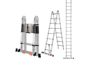 DEZEX Telescoping Ladders 16.5FT A Frame Stainless Steel Extension Ladder,Heavy Duty Lasts for 375LBS,with Balance Bar and Movable Wheel,Multi-Purpose Collapsible Ladder for Outdoor Indoor