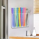 Acrylic Magnetic Straw Holder for Cabinet, Straws Storage Container for Cupboard with Double Sided Adhesive and Stickers, Drinking Reusable Straws Dispenser for Kitchen Counter