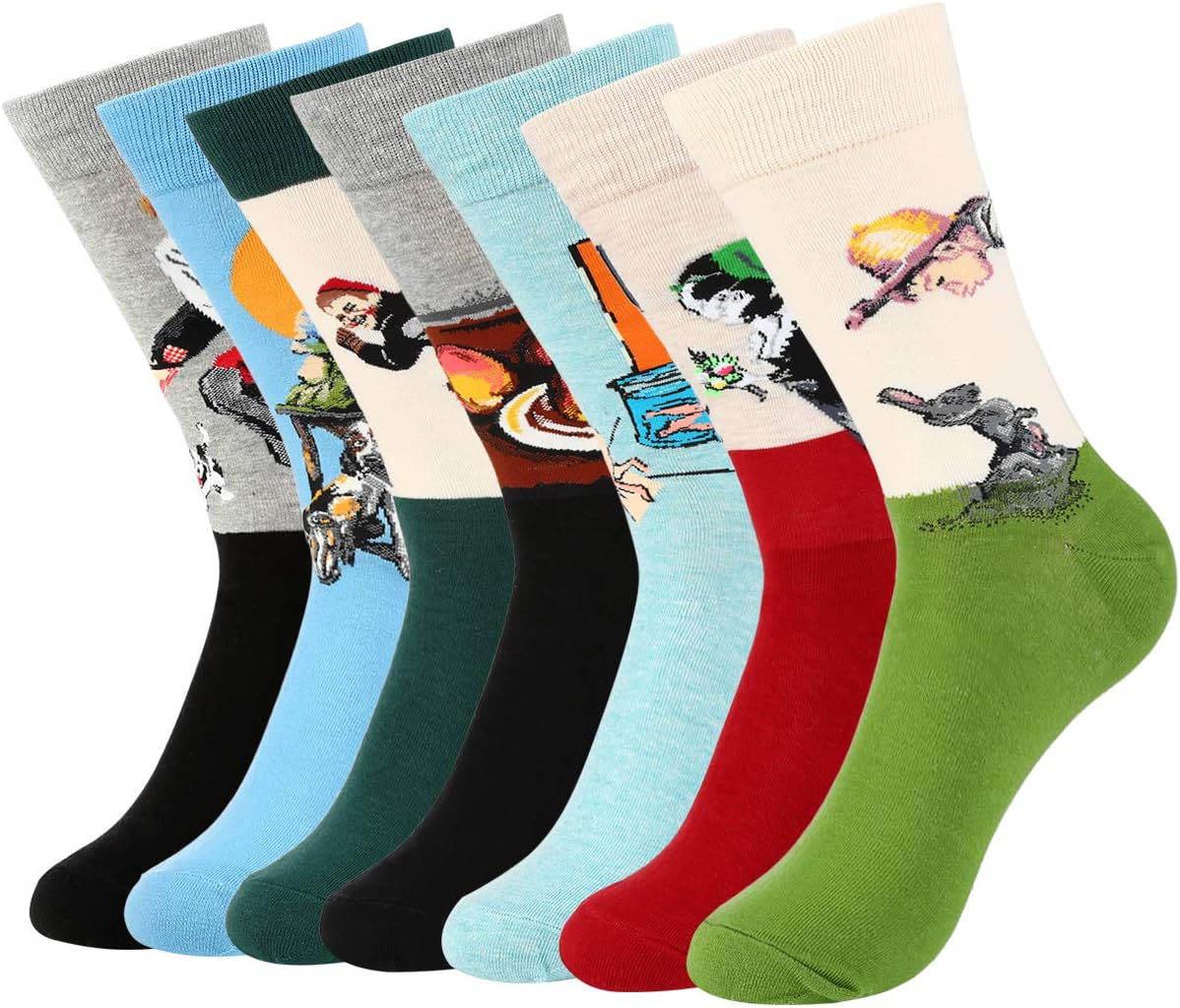 VBIGER 7 Pairs Men's Funny Famous Socks Art Printed Patterned Casual Crew Socks