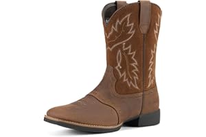 Rollda Leather Cowboy Boots for Men Western Boots Square Toe Chunky Heel Mid-Calf Boots Classic Embroidered with Pull On Tabs