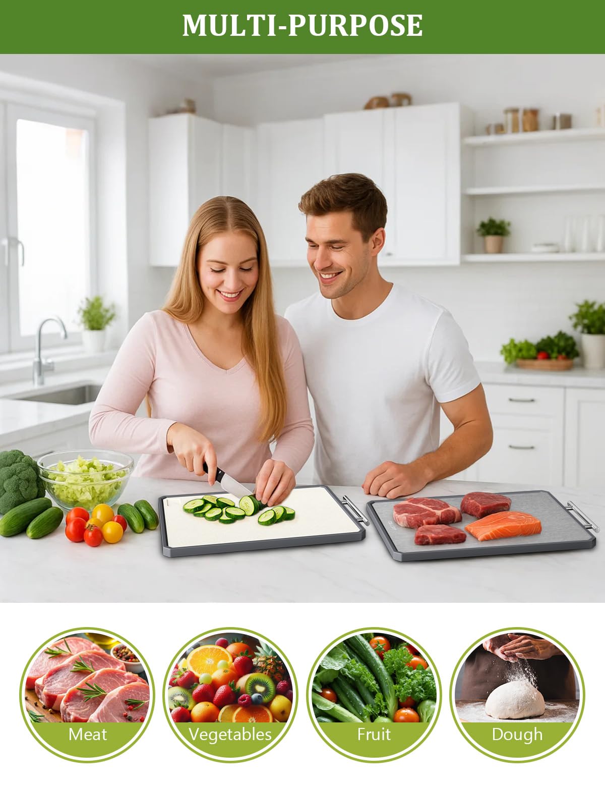 Titanium Cutting Boards for Kitchen, 2 in 1 Non Toxic Cutting Board, Food-Grade Double Sided Pure Titanium & Wheat Straw PP Chopping Board for Meat/Vegetables, Dishwasher Safe Large 16.3”×11-1 PC