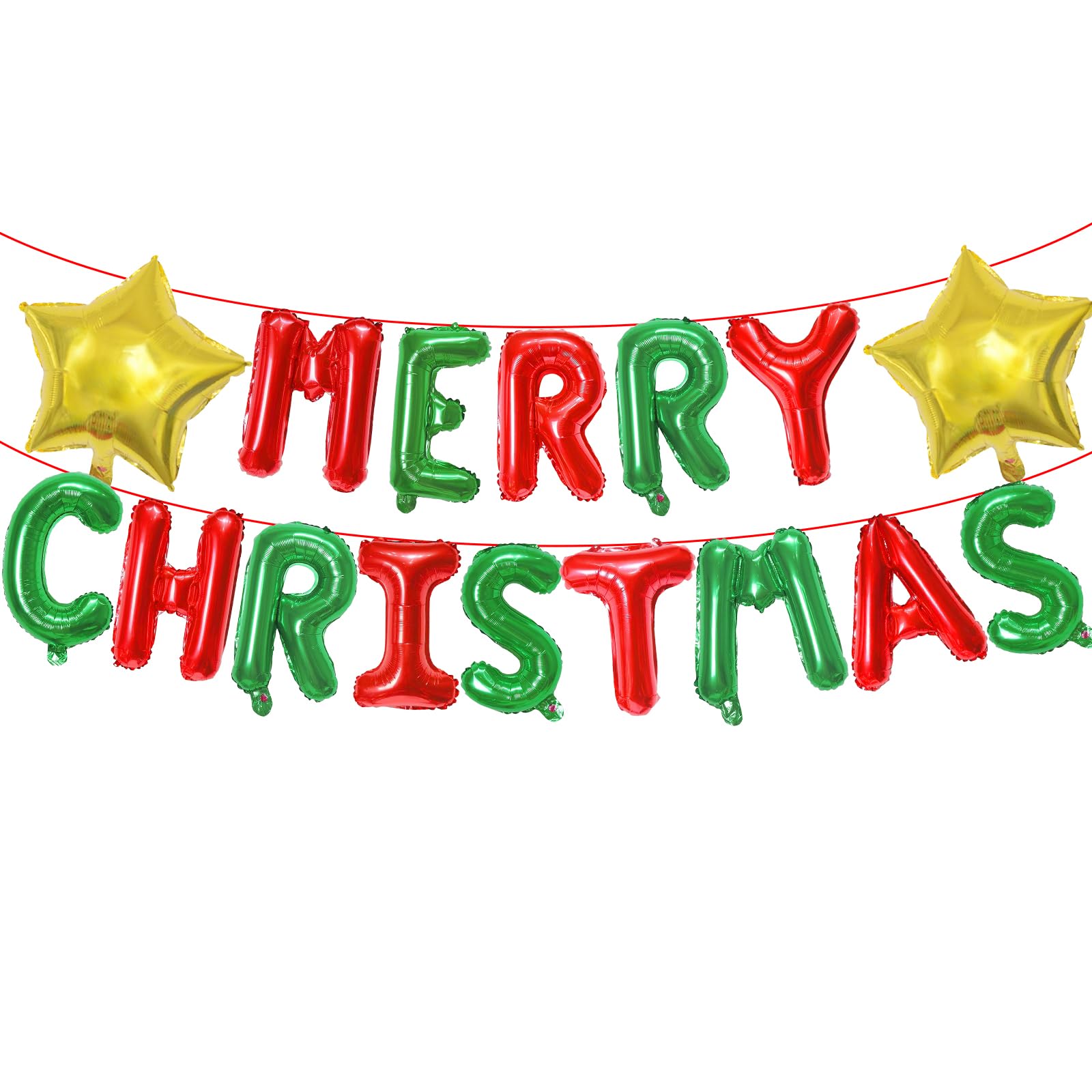 Photo 1 of 16 Inch “MERRY CHRISTMAS” Balloons Banner with Stars – Holiday Letter Mylar Foil Balloons for Xmas Party Decorations, Winter Celebration, New Year Events, and Festive Photo Backdrops (Red & Green)