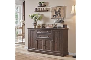 IFGET Farmhouse 58" Buffet Cabinet with Storage, 34" Tall Coffee Bar Cabinet w/2 Large Drawers & 4 Grooved Barn Doors, Wood Rustic Sideboard Buffet Cabinet for Dinning Room, Kitchen, Living Room,Brown