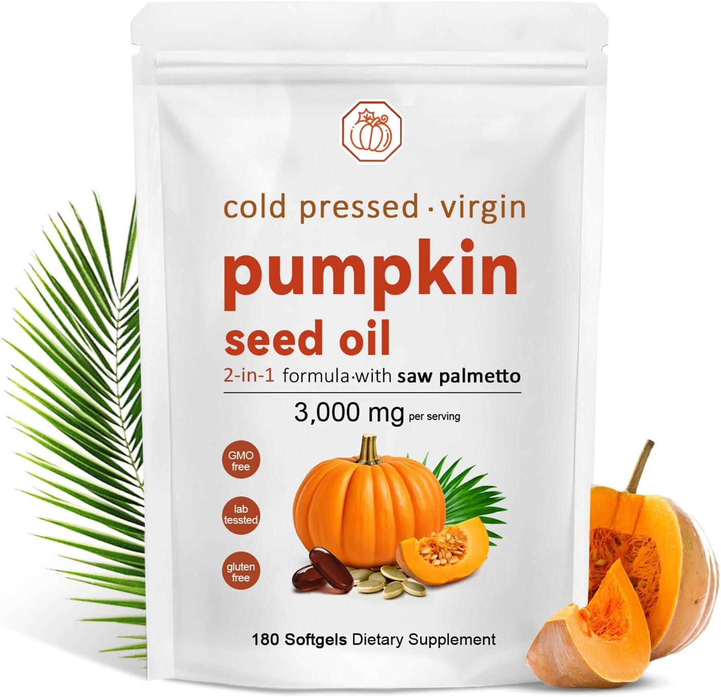 Pumpkin Seed Oil, Pumpkin Seed Oil Capsules with Saw Palmetto | 3000mg Cold Pressed | for Hair Growth - Non-GMO - 180 Softgels