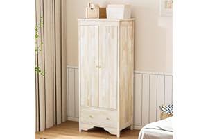 VINGLI Solid Wood Wardrobe Closet, Unfinished Natural Rubber Wood Armoire Color DIY, Wooden Wardrobe Closet with Doors and Drawers, Real Wooden Armoire for Hanging Clothes