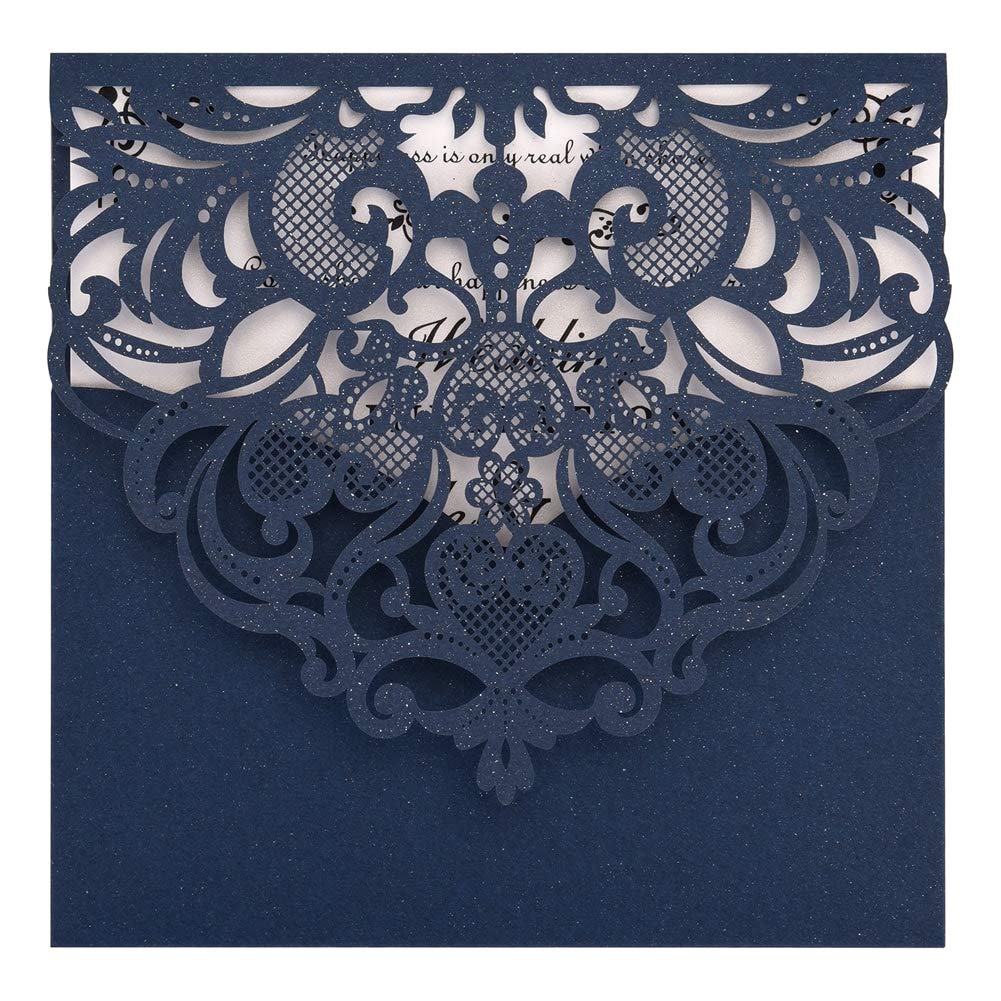 FOMTOR Navy Blue Laser Cut Invitations 50 Pack Laser Cut Wedding Invitations Card Kit with Blank Printable Paper and Envelopes for Wedding,Birthday Parties,Baby Shower