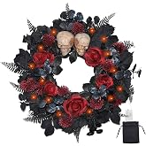 BINFEN 22 Inch Lighted Halloween Wreath with 40 Orange LEDs and 2 Skulls | Dark red roses with two reflective butterflies and iridescent eucalyptus leaves, Gothic wreaths for front door party porch