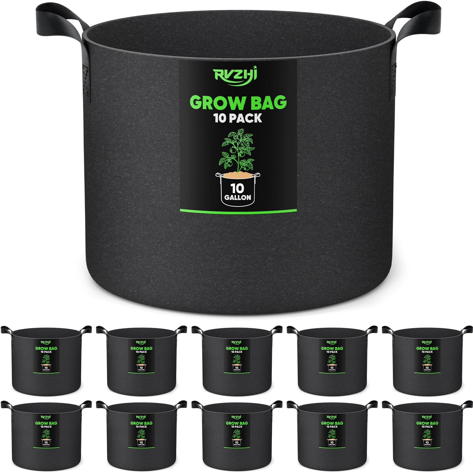 Photo 1 of 10 Gallon 10-Pack Plant Grow Bags: 350G Thickened Nonwoven Potatoes Grow Bags with Handles, Black Aeration Fabric Flowers Pots Felt Planter Garden Bags for Growing Vegetables Fruits Tomatoes Herbs