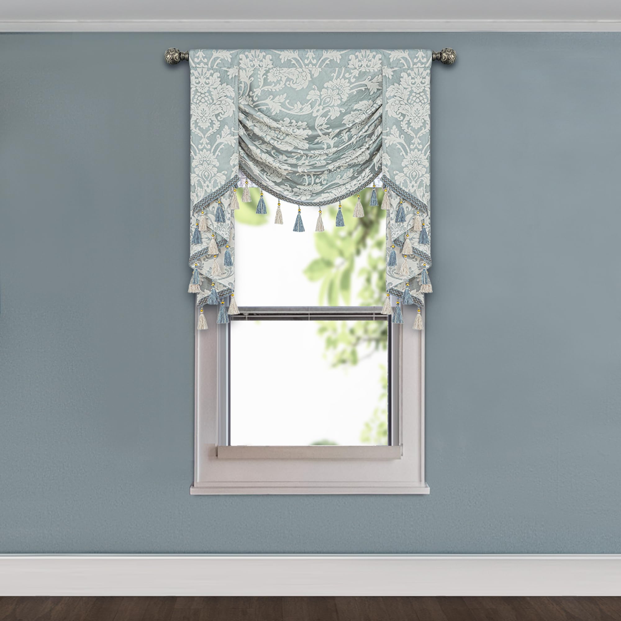 TOPLUXE Swag Valance for Windows, Damask Waterfall Valance with Tassels, Short Curtain for Bedroom Living Room Kitchen, Rod Pocket (Width 100cm, Green)