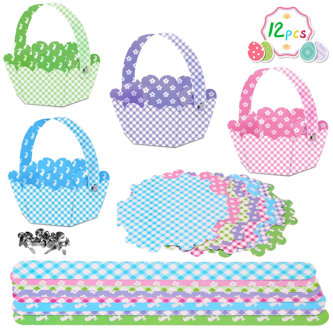 O-Kinee Easter Basket Kit, DIY Craft Kit, 12 Pack, Unisex, Ages Kid, Not Foldable, Traditional Style, Cardboard Material, All Seasons, Easter Theme
