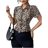 SweatyRocks Women's Leopard Print Button Down Blouse Short Sleeve Collared Slim Fit Shirts