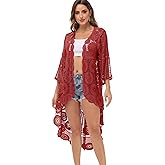 Anna-Kaci Women's Crochet Long Vest Boho Short Sleeve Kimono Cardigan Swimwear Cover up