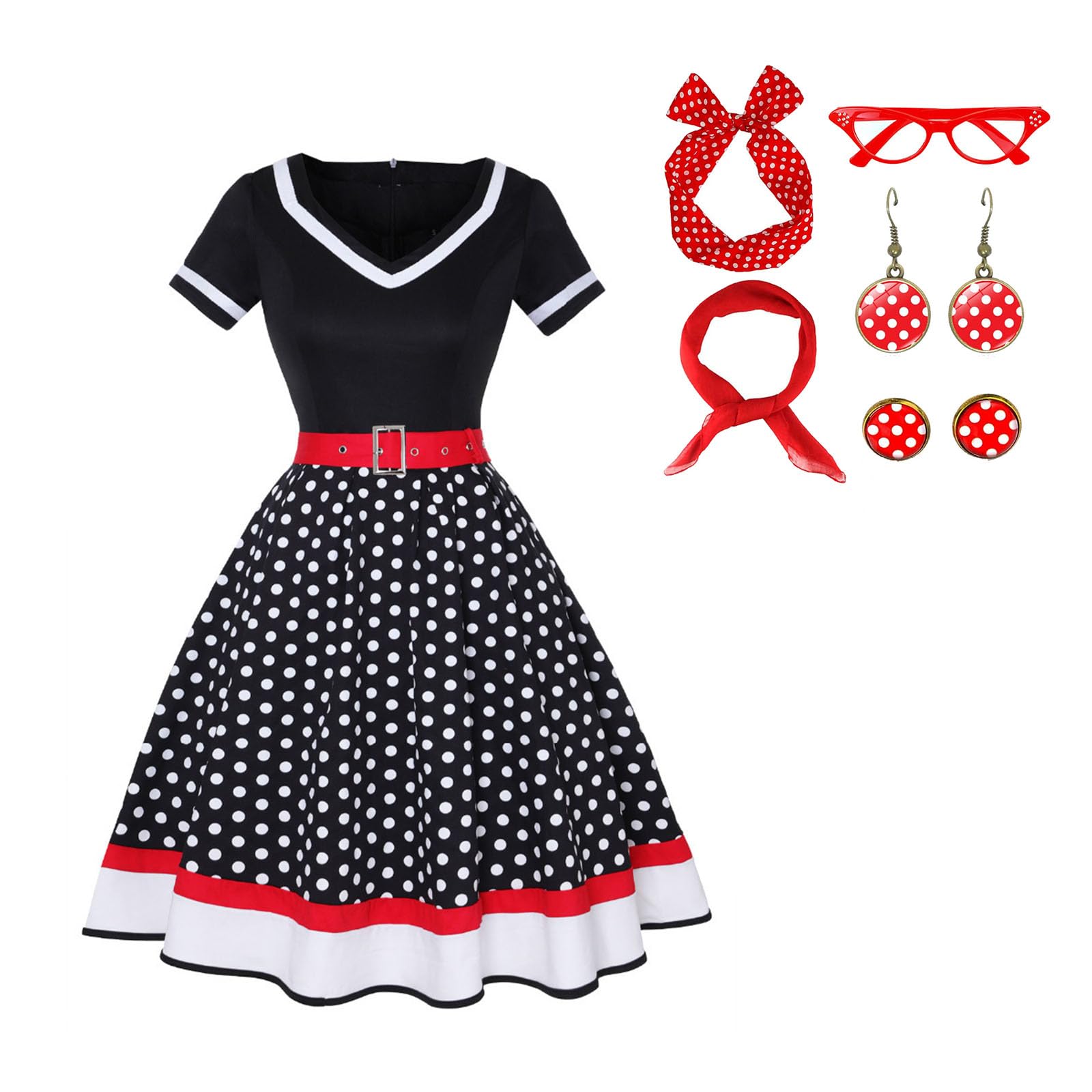 maxToonrain Women 50 Fancy Dress Adults UK Polka Dots Dress with Accessories Scarf Headbands Earring Glasses for Vintage Cocktail Party Wedding Halloween (Black&Red,L) — image 1