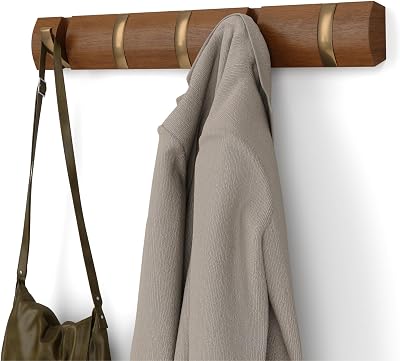 Umbra Flip Wall Mounted Coat Rack 5 Hooks Light Walnut Gold