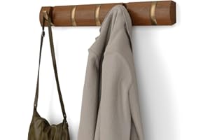 Umbra Flip Wall-Mounted Coat Rack with 5 Hooks – Modern, Space-Saving Storage for Hats, Jackets, Bags, Entryway, Mudroom, Closet, Bathroom, Bedroom – Light Walnut/Gold