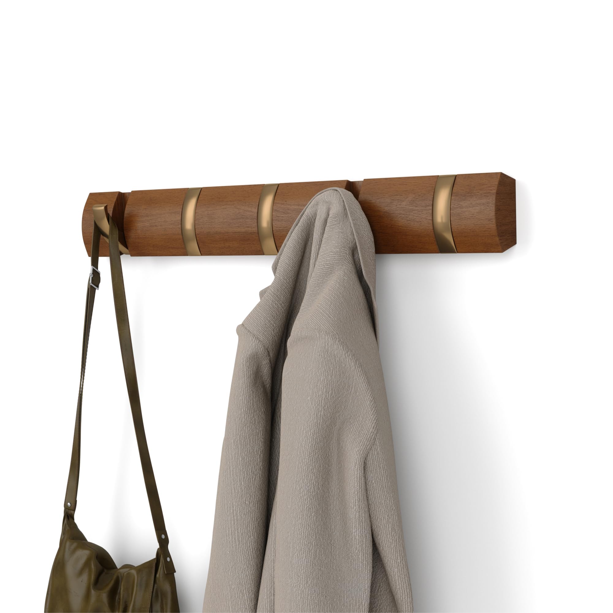 Umbra Flip Wall-Mounted Coat Rack with 5 Hooks – Modern, Space-Saving Storage for Hats, Jackets, Bags, Entryway, Mudroom, Closet, Bathroom, Bedroom – Light Walnut/Gold