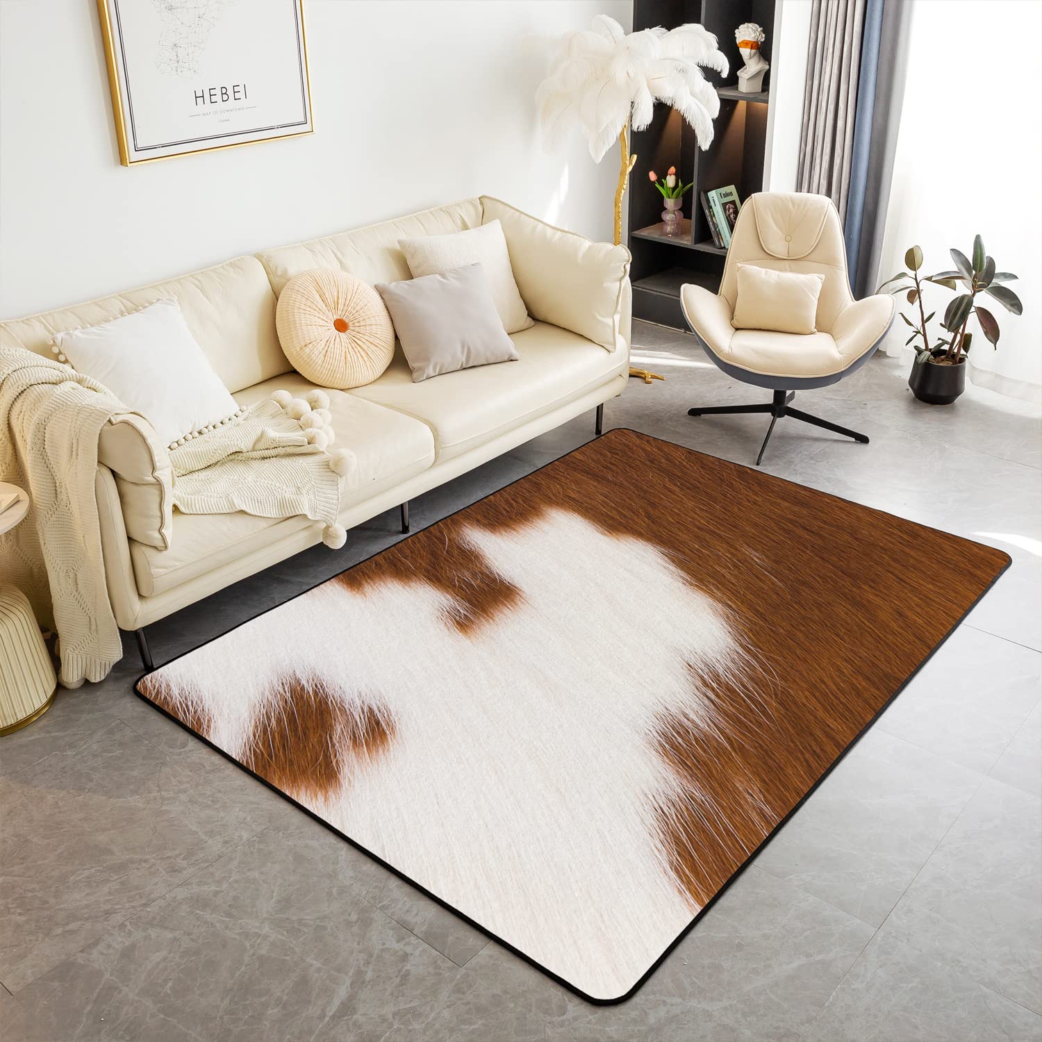 Homemissing Cowhide Area Rug Square Cow Fur Accent Rug Home Decor Animal Skin Farmhouse Western Farm White Brown Decorative Rug Living Room 100 * 150cm