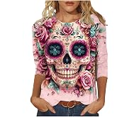 Día De Los Muertos Shirts for Women 2025 Mexican Day of Dead T-Shirts Skull Skeleton Print 3/4 Sleeve Tops Sweatshirt