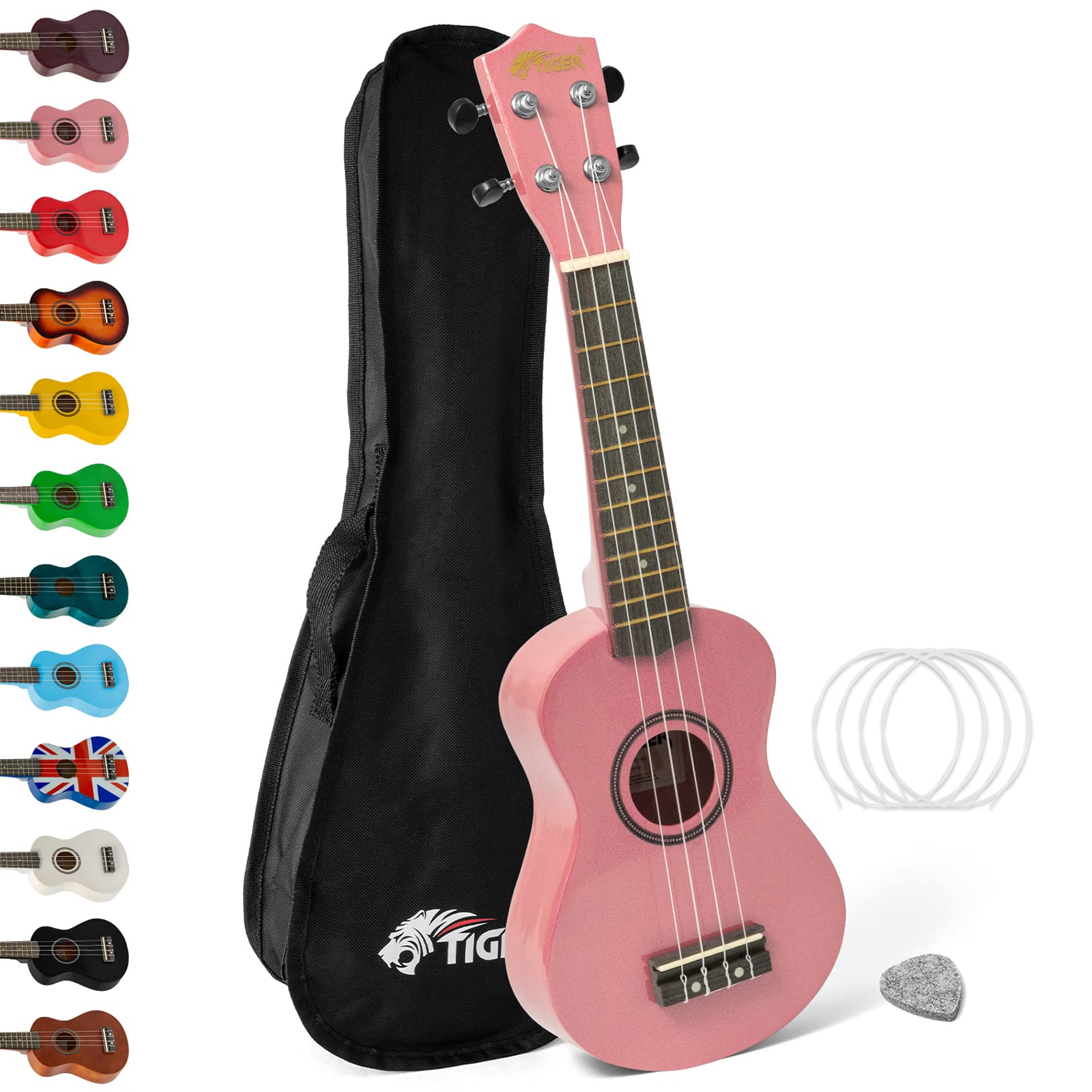 Tiger UKE7-PK Soprano Ukulele - Ideal for Beginners and Schools – Includes Gig Bag, Felt Pick, Spare Strings now with Aquila Strings – Pink