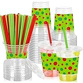 Whaline 50 Pack Green Christmas Plastic Cups with Lids Straws Red Green Polka Dot Clear Plastic Cups 12oz Holiday Disposable Cold Beverage Drinking Cup for Xmas Winter Party Supplies