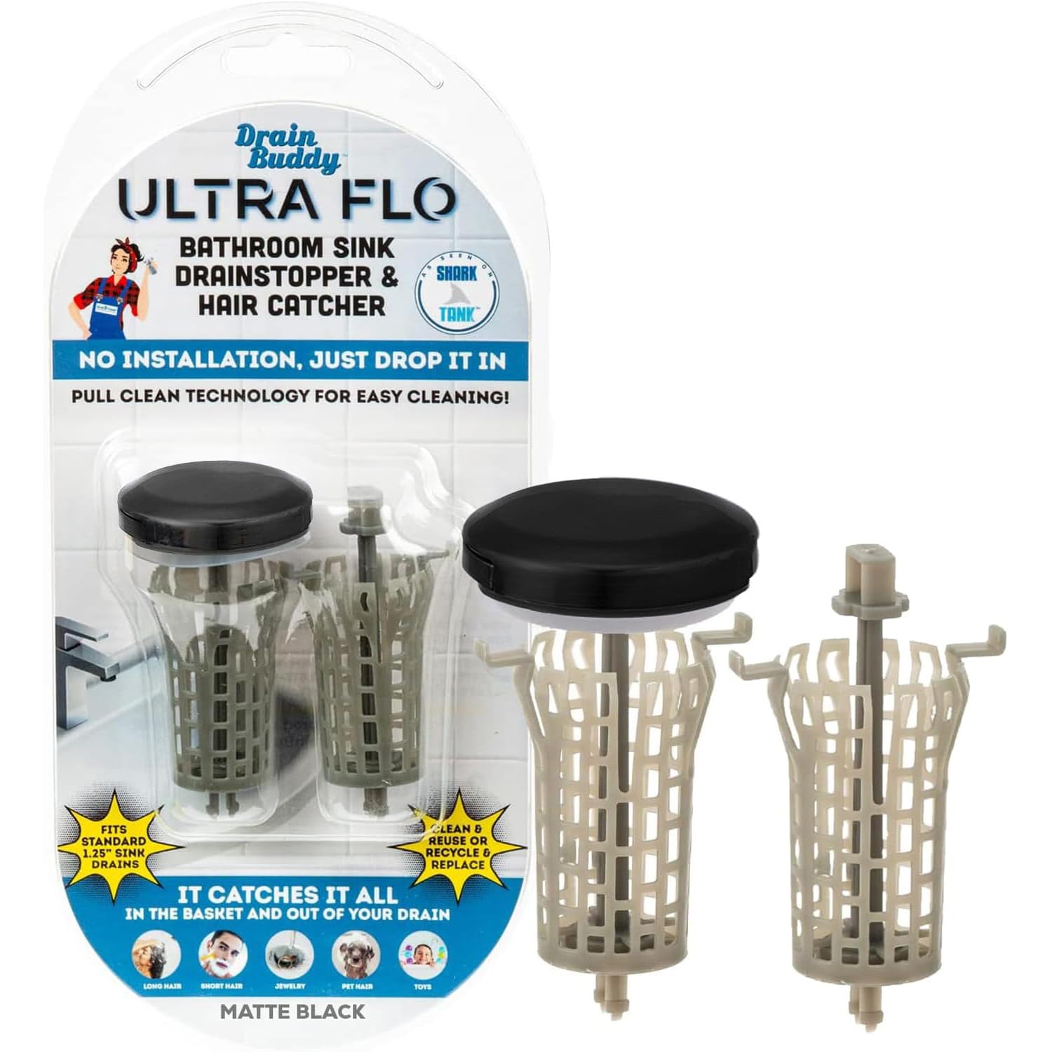 Photo 1 of Drain Buddy Ultra Flo- 2 in 1 Bathroom Sink Stopper & Hair Catcher W/Patented Pull Clean Technology! | Fits 1.25” Sink Drains, Clog Preventing | Matte Black Metal Cap / 1 Replacement Basket