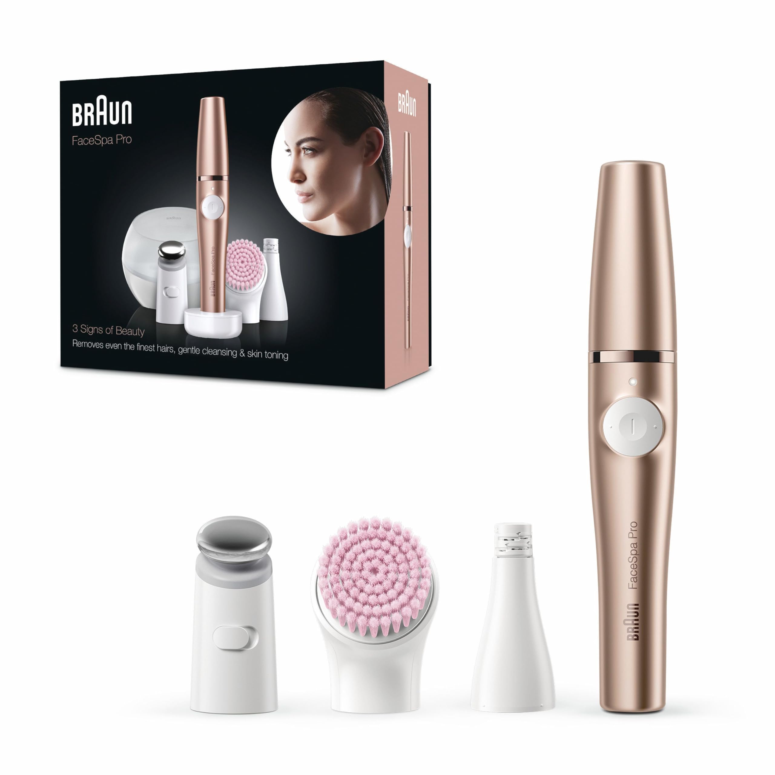 Braun FaceSpa Pro Gesichtsepilierer Damen, Beauty Set, Damenbart Entferner, Gesichtsreinigungsbürste, Aufbewahrungsbox, Haarentfernung, Reinigung und Hautstraffung, Wasserdicht — SE921,Bronze
