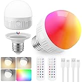 Rechargeable Light Bulb with Remote - Dimmable E26 Rechargeable Light Bulbs Control Timer & 3 Color Temperatures + 15 RGB Col