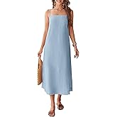 FIOPHY 100% Linen Dress Square Neck Sleeveless Spaghetti Strap Summer Casual Midi Dresses with Slit Blue XL