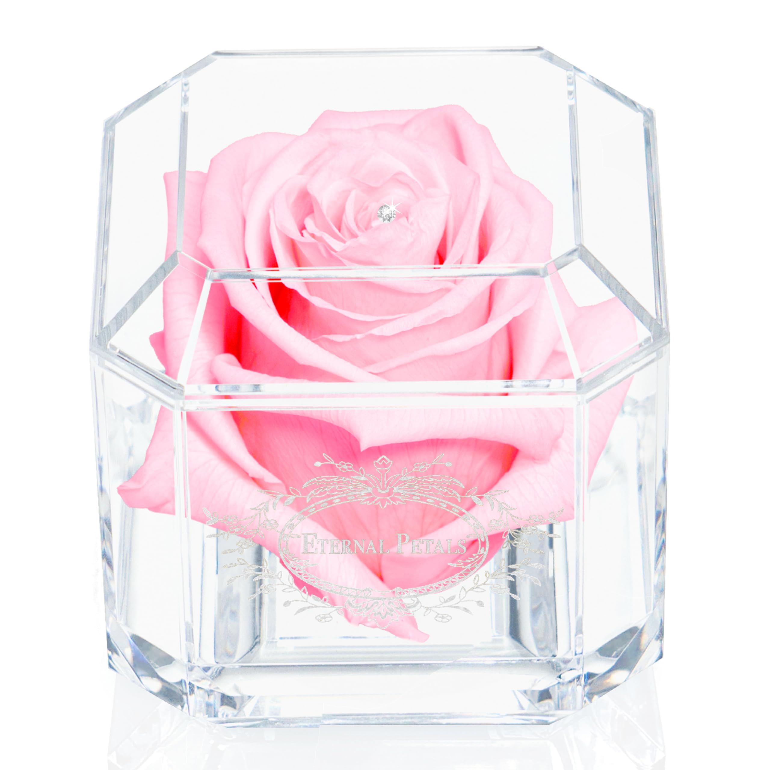 A 100% Real Rose That Lasts Years - Eternal Petals, Handmade in UK – White Gold Solo with A Clear Crystal (Light Pink)