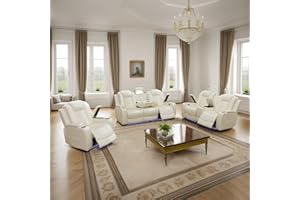 AYCP Furniture Power Recliner Set with LED Lights, Quilted Air Leather Reclining Set with USB Port/Storage/Cup Holder/Reader Light for House/Home Theater/Apt/Rv/Office (Ivory, 3PC Full Set)