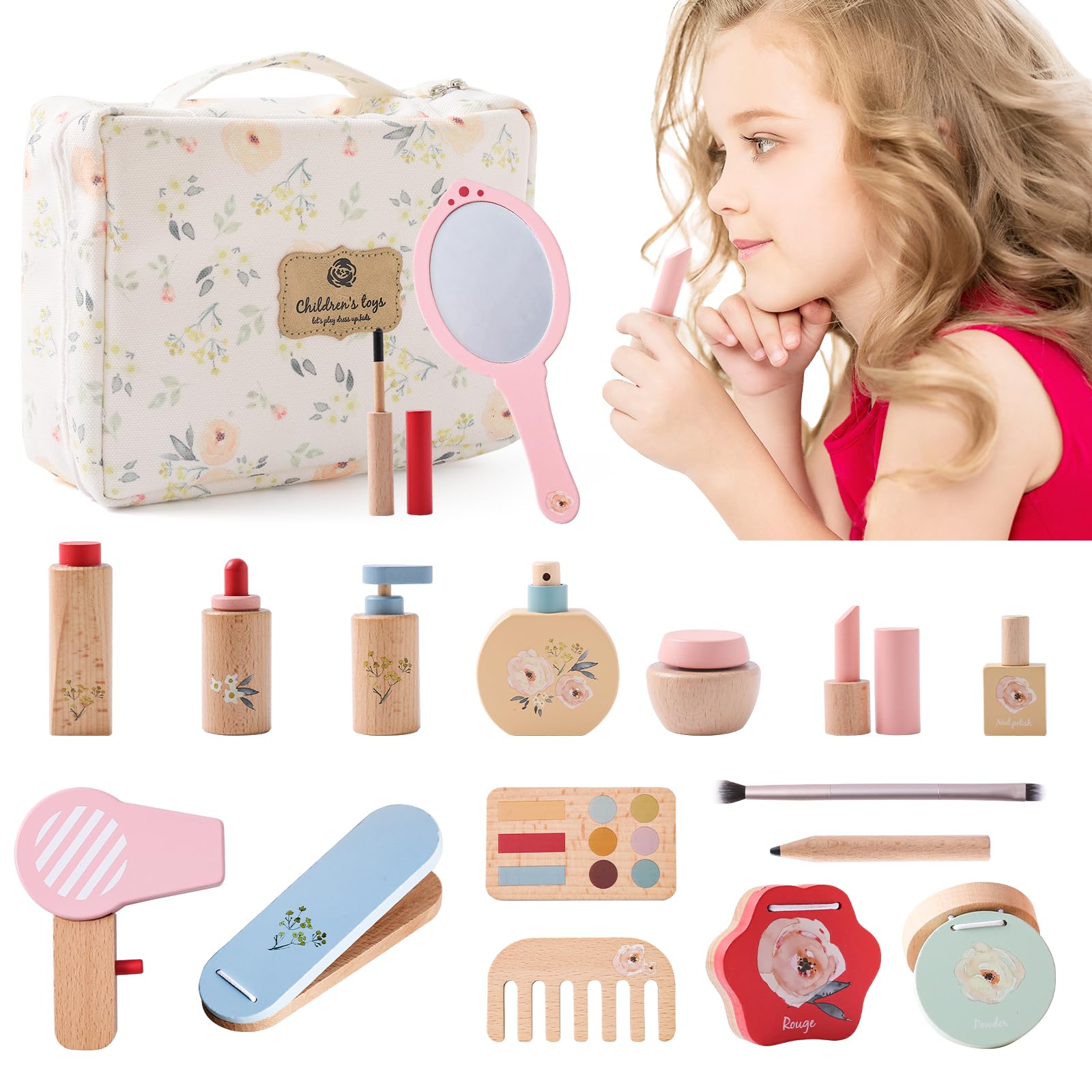 let's make Wooden Makeup Set Kids Pretend Makeup Wooden Play Dress Up Kit Toddler Wood Role Play Toy Make Up Set Fake Makeup Set with Hair Dryer Mirror Makeup Game for 3 Years Old Girls