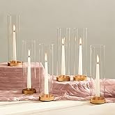 NUPTIO Hurricane Glass Candle Holders: 6 Pcs Gold Metal Taper Candlesticks Holder with 11.81 inch Long Clear Bottomless Cylinder Cover Stands for Wedding Anniversary Bridal Shower Table Centerpiece