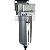 HEAVY DUTY INDUSTRIAL RATED HIGH FLOW PARTICULATE FILTER, IN-LINE WATER TRAP FOR COMPRESSED AIR LINE SYSTEMS, 5 MICRON WITH METAL BOWL AND AUTO DRAIN (3/4" NPT, 5oz)