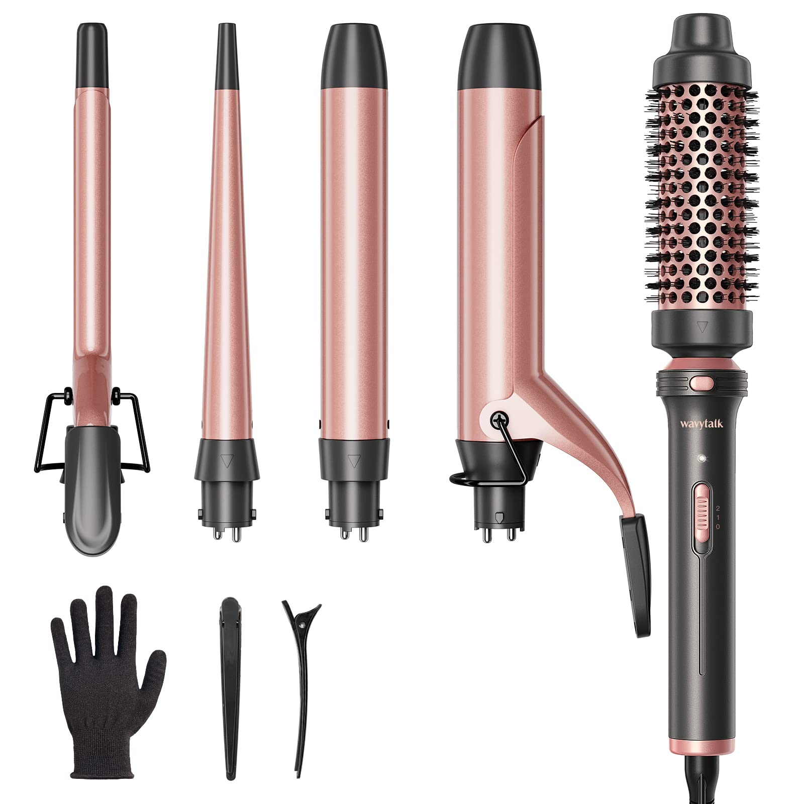 Photo 1 of Wavytalk 5 in 1 Curling Iron Set with Curling Brush and 4 Interchangeable Ceramic Curling Wand (0.35"-1.25”), Wand Curling Iron Instant Heat Up, Dual Voltage Hair Curler
