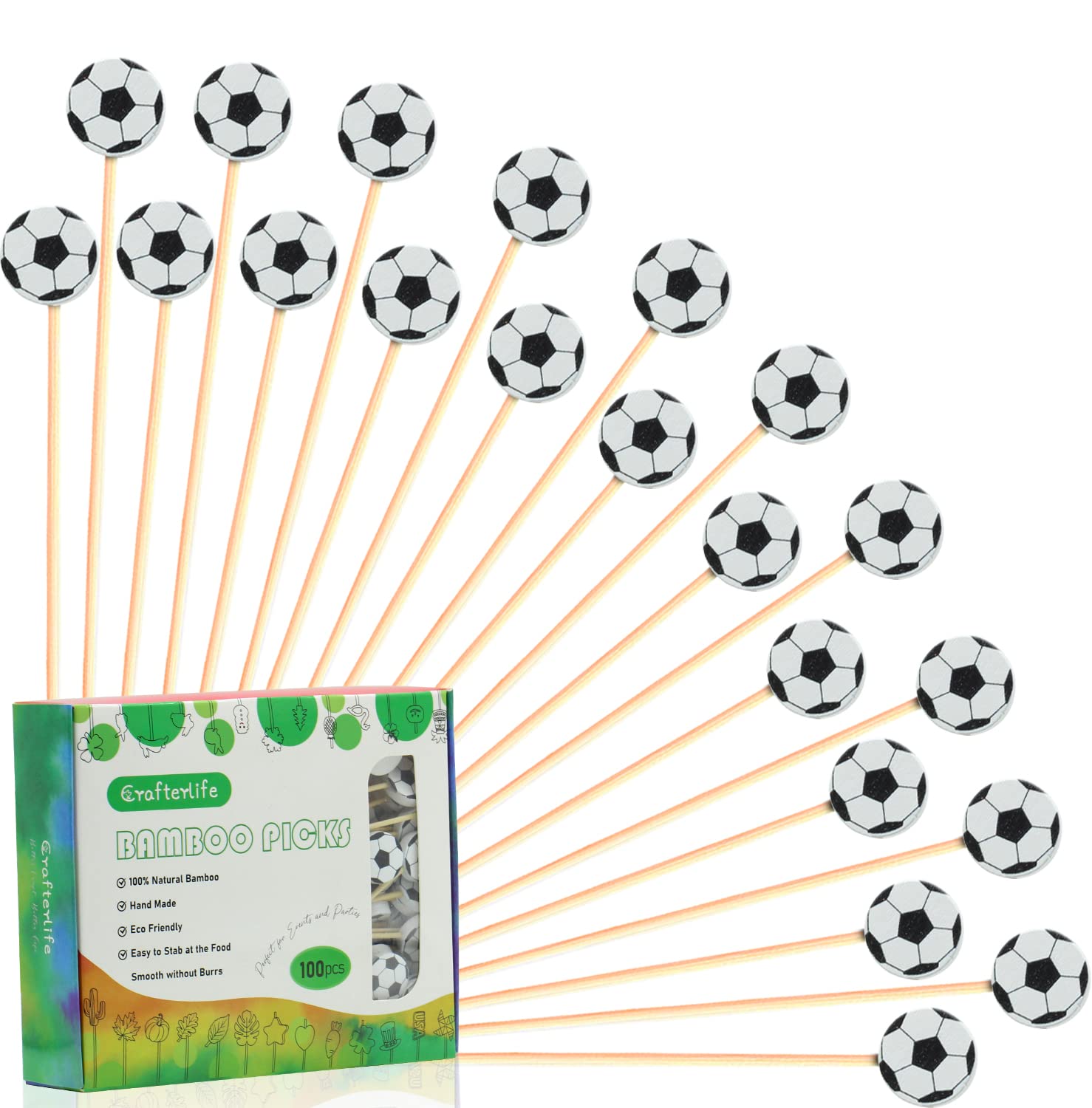 Photo 1 of 100Pcs Soccer Cocktail Picks 5" Soccer Decor Toothpicks Sticks Skewers for Appetizer Charcuterie Accessories, World Cup 2026 Champions League Sports Catered Event Birthday Themed Party Decorations