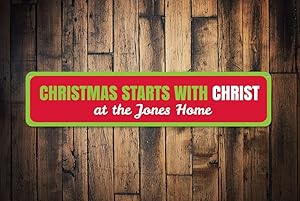 Christmas Starts with Christ Sign, Custom Merry Christmas Sign, Family Name Sign, Home Metal Holiday Sign - Quality Aluminum Holiday Signs, Metal Signs Tin Plaque Wall Art Poster 4 x 18 Inches