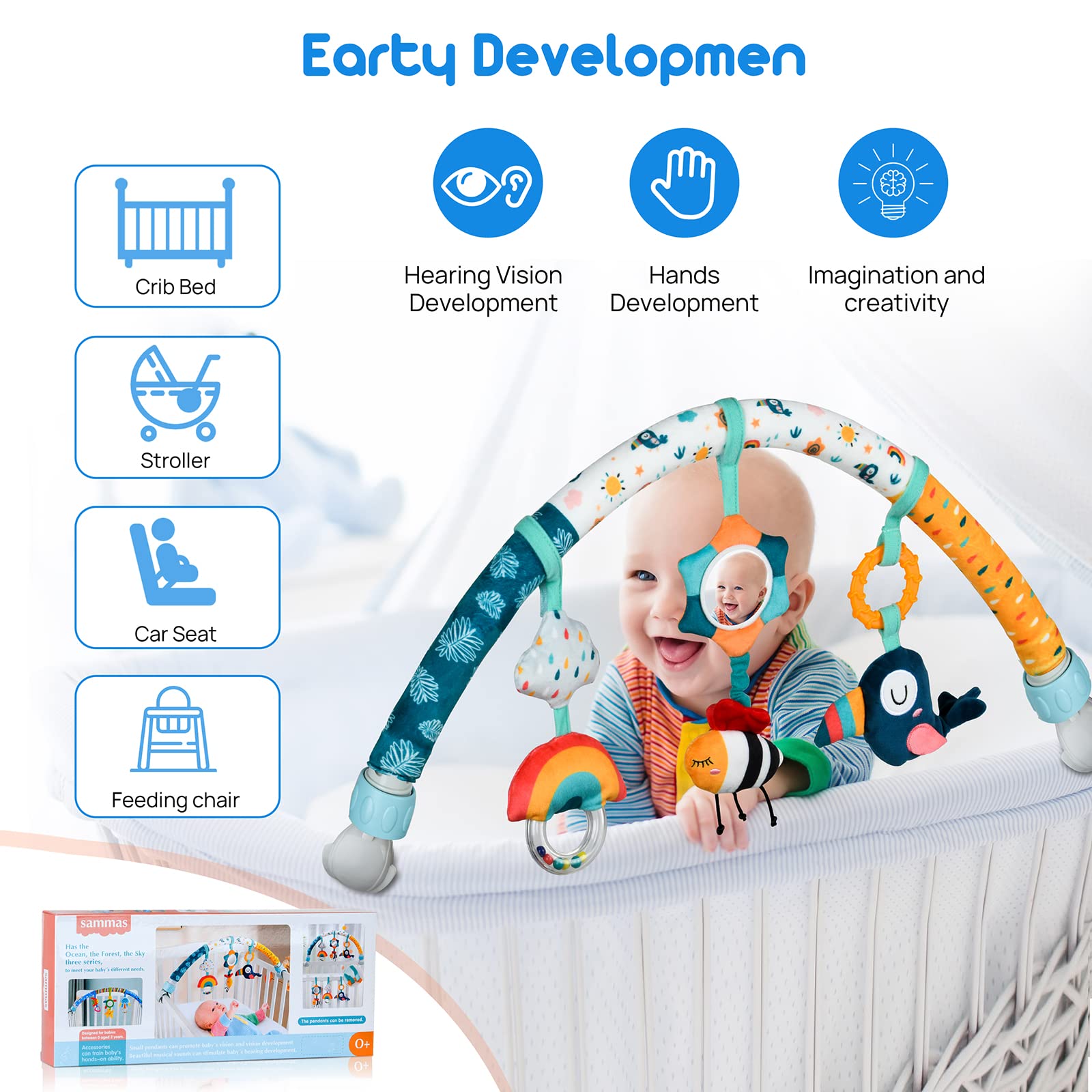 Baby Stroller Arch Toys, Mobile for Bassinet Crib, Detachable Activity Musical Animal Arch Toys with Rattles BB Squeaker Teether (Sky)