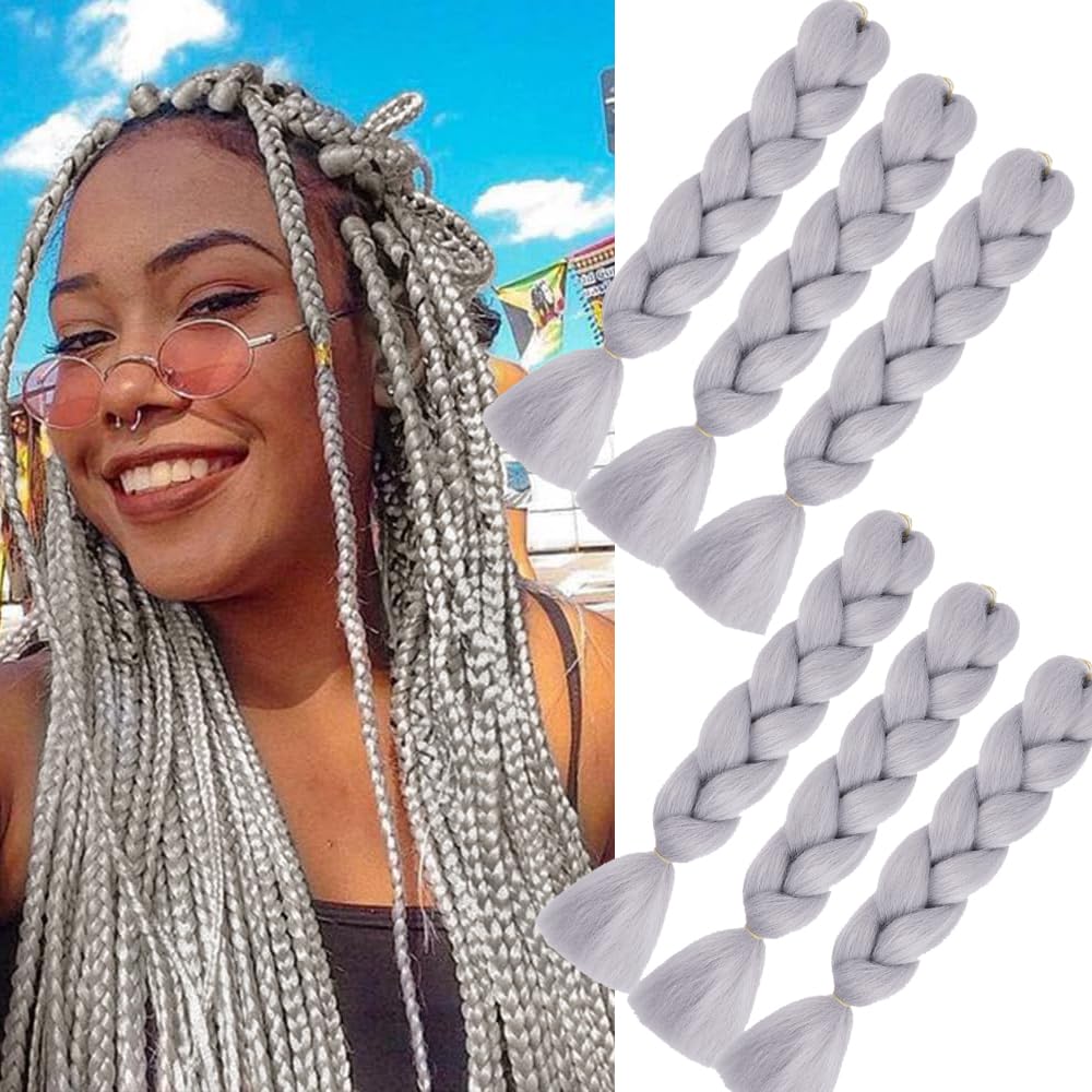 grey braiding hair extensions 6packs Jumbo Braids hot water settting Synthetic Hair Extensions for braiding Crochet Twist box Braids for Women girls (grey) — image 1