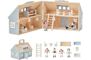 Olivia's Little World Wooden Cottage Dollhouse with 12 Accessories & 4 Figurines – Portable 2-Story Playhouse for 3.5" Dolls – Foldable Miniature Toy House for Girls Ages 3+