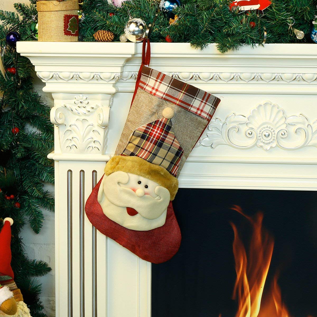 Christmas Stocking 3D Santa Claus Christmas Day Gift Classic Traditional Plaid Adorable Cute Holiday Decoration Ornament Decorate Your Home for Party Office Xmas Tree 18 inch