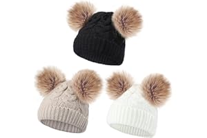 GEYOGA 3 Pieces Baby Beanies Toddler Kids Hats Winter Double Pompom Beanies Caps Knitted for Girls Boys